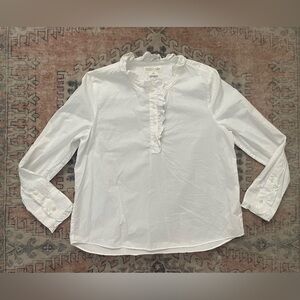 Kate Spade Broome St. White Ruffle Neck Preppy Poplin Long Sleeve Blouse Women L
